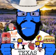 award beard bird blue blue_skin buc-ees calm cigarette cow cowboy_hat dallas_cowboys dr_pepper flower glasses grass hamburger heb i_heart i_love meximutt plant sixflags soyjak stubble subvariant:science_lover sun texas texas_a&m variant:markiplier_soyjak whataburger // 801x789 // 766.7KB