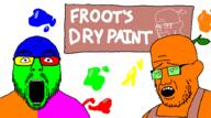 2soyjaks clothes ear froot glasses green_glasses mustache open_mouth orange_skin paint stem stubble text thick_eyebrows trend:colorjak variant:flartson variant:frootjak // 1029x573 // 141.8KB