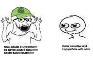 amphibian arm cap clothes frog glasses hand hands_up hat nas:pepe open_mouth pepe_the_frog soyjak stonetoss stubble text tshirt variant:excited_soyjak // 1316x824 // 123.9KB