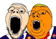 2soyjaks artist:fuck_all_liberals badge clothes communism donald_trump double_chin fal glasses hair hammer_and_sickle joe_biden nazism necktie open_mouth orange_skin politics soyjak stubble suit swastika variant:gapejak variant:isaac white_hair white_skin yellow_hair // 891x617 // 138.6KB