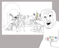 arm artist barneyfag clothes crying don_turtelli full_body glasses greece hair hand hat leg multiple_soyjaks mustache open_mouth pallet philosophy pointing robe socrates soy soyjak soylent stubble top_hat variant:feraljak variant:gapejak variant:unknown // 1591x1291 // 396.7KB