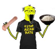 arm asian balding bwc clothes dildo glasses hand hands_up holding_dildo holding_object open_mouth rice small_eyes soy soyjak soylent stubble subvariant:wewjak text tshirt variant:soyak yellow_skin // 488x436 // 116.1KB