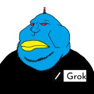 angry antenna artificial_intelligence bird black_shirt bot fat grok logo mouth purple_lipstick red_eyes robot slash twitter variant:meximutt white_skin xitter // 888x886 // 25.3KB