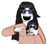 clothes glasses hair happy holding_object open_mouth plush pointing variant:soytan // 646x598 // 60.4KB