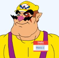 Warrior-Z(user) blue_eyes buff clothes eyes_like_the_o-o-cean hair hat hello_my_name_is_(sticker) kratos logo mustache smile subvariant:mexiaryan super_mario text variant:meximutt video_game wario // 886x872 // 73.8KB