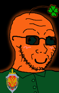 blush clover derp fsb glasses glowing meta:namefags object_on_head orange_skin plant smile sunglasses tqqt_(user) trend:glowie uniform variant:soyak // 659x1039 // 159.9KB