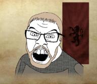angry armor beard flag glasses grey_hair hair king_harlaus mount_and_blade open_mouth soyjak variant:feraljak video_game // 832x719 // 526.3KB