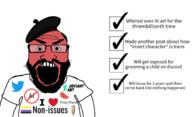 angry anti_ai beret checkmark deviantart i_heart non-binary pencil pronouns red_face subvariant:science_lover twitter variant:markiplier_soyjak watermelon // 1526x928 // 223.8KB