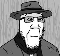 clothes eyebrows fedora fog foggy_glasses glasses looking_down rain sad scarf side_profile stubblebble subvariant:plier_shocked trenchcoat variant:markiplier_soyjak // 720x672 // 24.7KB