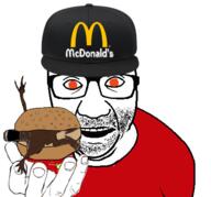 2soyjaks black_skin bread cap clothes food glasses hamburger hand hat mcdonalds orange_eyes perro_hold reddit redditard soyjak stubble subvariant:fingerboy variant:a24_slowburn_soyjak variant:el_perro_rabioso // 430x400 // 127.5KB