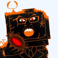 angry black_skin broken glasses hand holding_object open_mouth orange_eyebrows orange_mustache red_eyes skibidi_toilet soyjak tv_head tvman variant:feraljak // 1500x1500 // 173.6KB