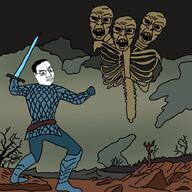 angry armor fighting floating ribcage skeleton sword three_heads traced two_soyjaks variant:chudjak variant:feraljak // 736x736 // 199.8KB
