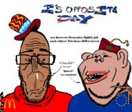 2soyjaks black_sclera bloodshot_eyes brown_skin clothes ear fez friendship glasses half_open_mouth hand hat mcdonalds mustache open_mouth opposite red_shirt stubble subvariant:euromutt subvariant:impish_amerimutt text uncle_sam variant:impish_soyak_ears variant:markiplier_soyjak // 1110x949 // 220.9KB