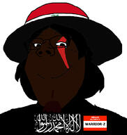 Warrior-Z(user) brown_skin clothes eyelashes femboy femjak flag:iraq flag:shahada glasses goatee hair hat hello_my_name_is_(sticker) iraq islam kratos shahada smile soyjak subvariant:gapejak_female variant:gapejak // 940x992 // 227.4KB