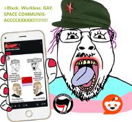 antifa clothes commie greentext hand hat holding_object holding_phone lipstick meme mustache nordic_chad open_mouth phone purple_hair reddit soyjak stubble text tranny variant:bernd // 921x853 // 445.7KB