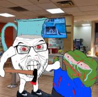 amphibian angry arm axe blood bloodshot_eyes burger_king clothes frog full_body glass glasses green green_skin hand holding_axe holding_object imminent_death irl_background kool-aid murder nas:pepe nike objectsoy pepe_the_frog pitcher red_eyes sad scared shoe sneakers soyjak stubble subnas:apu text tshirt variant:feraljak // 758x751 // 780.8KB