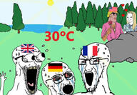 3soyjaks arm bloodshot_eyes brown_skin country crying distorted drawn_background europe eyes_popping flag flag:france flag:germany flag:united_kingdom flag:united_states france germany glasses hand hands_up heat mutt open_mouth soyjak stubble subvariant:waow sweating tongue tyrone united_kingdom united_states variant:soyak yellow_teeth // 972x672 // 194.1KB
