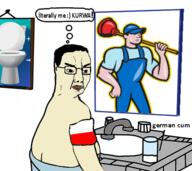 angry cartoon closed_mouth cum flag flag:poland frame glass glasses hair holding_object holding_plunger mirror painting plunger poland sink soyjak text thought_bubble toilet variant:chudjak white_skin // 480x427 // 148.8KB