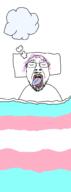 bed blanket closed_eyes dream flag flag:transgender_pride_flag hair open_mouth pillow purple_hair sleep sleeping soyjak thought_bubble tongue tranny variant:bernd yellow_teeth // 720x1949 // 23.5KB