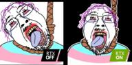 animated bloodshot_eyes clothes crying flag glasses gpu hanging meme mustache nvidia open_mouth purple_hair redraw rope rtx science soyjak spinning stubble suicide text tongue tranny variant:bernd yellow_teeth // 1036x510 // 2.9MB