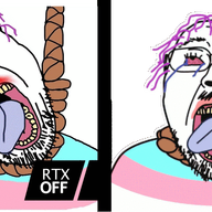 animated bloodshot_eyes clothes crying flag glasses gpu hanging meme mustache nvidia open_mouth purple_hair redraw rope rtx science soyjak spinning stubble suicide text tongue tranny variant:bernd yellow_teeth // 1036x510 // 2.9MB