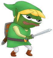 amphibian animal blond closed_mouth clothes frog full_body green_shirt green_skin hair hand hat holding_object holding_sword link lips nas nas:pepe pepe pepe_the_frog shield shoe subnas:apu sword the_legend_of_zelda transparent_background video_game zelda // 1912x2102 // 1.4MB