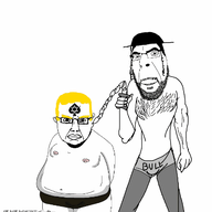 2soyjaks animated beard byonbyon chains closed_mouth fat glasses hand holding_object judaism mustache poyopoyo slave soyjak spade star_of_david subvariant:chudjak_front variant:chudjak variant:cobson yellow_hair // 382x400 // 397.9KB