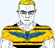 animal arm aryan bat blue_eyes brecknockshire british buff closed_mouth clothes ear flag flag:brecknockshire glasses hair soyjak subvariant:chudjak_front subvariant:muscular_chud tshirt united_kingdom variant:chudjak vein wales yellow_hair // 1059x929 // 97.2KB