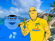 aryan beach blue_lips blue_pants blue_skin buff closed_mouth clothes ear fat glasses hair holding_object holding_sword irl_background soyjak stubble subvariant:branigger sword tshirt variant:brandon variant:cobson variant:meximutt vein watch waterpark watersissy weapon yellow_hair yellow_sclera yellow_shirt yellow_skin // 1042x782 // 733.2KB