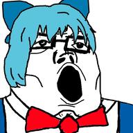 anime blue_hair cirno clothes glasses hair hair_ribbon open_mouth soyjak touhou variant:tony_soprano_soyjak video_game // 600x600 // 118.6KB