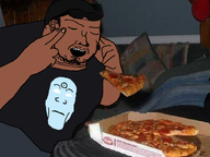 2soyjaks arm black_skin blue_skin closed_mouth doctor_manhattan double_chin fat floating food glasses hair hand irl irl_background meme nigger open_mouth pillow pizza pizza_box stubble subvariant:duzjak subvariant:neutralplier sunglasses superpower telekinesis variant:markiplier_soyjak variant:soyak white_eyes // 2000x1500 // 341.9KB