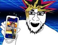 anime glasses hair holding_object holding_phone open_mouth phone stubble turkey_tom variant:unknown yugioh // 1147x894 // 804.4KB