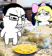 2soyjaks angry bowtie closed_mouth clothes distorted full_body glasses hair irl_background smile subvariant:alice tea_party variant:chudjak variant:gapejak yellow_hair // 1210x1296 // 1.8MB