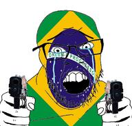 brazil country countrywar crying flag flag:brazil glasses gun hair hand holding_object open_mouth pistol portuguese_text soyjak stubble teeth variant:feraljak // 1117x1066 // 570.4KB