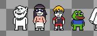 amphibian avengers black_and_red_shirt blue_eyes blue_shirt dr._soyberg_is_that_you? frog glasses green_eyes green_skin kino_earthbound_artstyle nas:pepe nate pepe_the_frog pink_shirt pixel_art smile stubble variant:impish_soyak_ears variant:soytan yellow_hair // 426x159 // 5.2KB