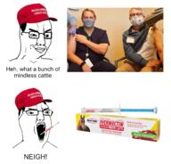 cap chud clothes coronavirus_pandemic donald_trump glasses hair hat ivermectin maga mask mouth_mask open_mouth smile smug soyjak soyjak_comic surgical_mask vaccine variant:chudjak // 2271x2179 // 763.1KB