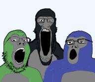 3soyjaks animal clothes glasses gorilla gorilla_tag monkey open_mouth soyjak stubble suit trend:soyjak_trio variant:gapejak variant:markiplier_soyjak variant:tony_soprano_soyjak video_game // 800x687 // 177.2KB