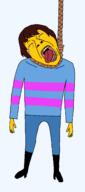 brown_hair closed_eyes clothes crying dead frisk full_body hanging open_mouth rope shoe soyjak stripes suicide tongue tranny undertale video_game yellow_skin yellow_teeth // 1197x2709 // 58.0KB
