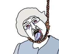 bloodshot_eyes clothes crying dead elizabeth_ii glasses hair hanging mustache open_mouth redraw rope soyjak stubble suicide tongue variant:bernd white_hair yellow_teeth // 1040x948 // 19.1KB