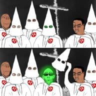 angry arm brown_skin closed_mouth clothes cross ear fire frown glasses glowing green_skin half_open_mouth holding_object irl_background kkk mask robe smile soyjak stubble subvariant:wholesome_soyjak sunglasses trend:glowie variant:chudjak variant:feraljak variant:gapejak variant:markiplier_soyjak variant:nojak // 2800x2800 // 1.1MB