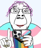 aliased arm fill_tool flag:progress_pride_flag flag:transgender_pride_flag glasses holding_object lips lipstick nails no_gaps phone purple_hair smile teeth template tranny transgender_flag variant:bernd yellow_fingernails // 1024x1200 // 194.3KB