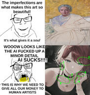 ai_art ai_generated ai_slop angry anime anime_female art glasses meme missing_teeth open_mouth painting piss smile soyjak stubble text toss variant:feraljak // 1430x1500 // 250.6KB