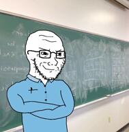 arm bbc blackboard blue_shirt clothes crossed_arms glasses school shakespeare smile smug soyjak stubble teacher tiktok variant:soyak video // 838x850, 13.5s // 942.9KB