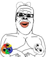 3soyjaks arm baby breastfeeding breasts colorful deformed glasses hand holding_object mustache oh_my_god_she_is_so_attractive open_mouth soyjak stepfather subvariant:nathaniel variant:a24_slowburn_soyjak variant:gapejak // 800x1000 // 138.6KB