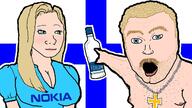 aryan blond blue_eyes booba chain christianity closed_mouth clothes cross finland flag mustache nipple nokia open_mouth outline pointing subvariant:trad_wife variant:two_pointing_soyjaks vodka white_skin wojak // 1280x720 // 154.0KB