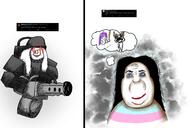 ack armor glowing_eyes hair hanging makeup minigun purple_hair request rope smile smug soyjak stubble thought_bubble tranny transgender_flag trollface variant:alicia vivziepop // 3054x2042 // 3.0MB