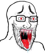glasses horror open_mouth red_eyes saliva sharp_teeth soyjak stubble variant:soyak // 709x858 // 30.4KB