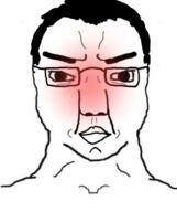 angry blush closed_mouth glasses hair looking_at_you soyjak subvariant:chuddy variant:chudjak // 490x586 // 153.5KB