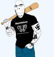 1488 album_cover bald band baseball_bat blue_eyes boots boots_and_braces buff celtic_cross glasses hooligan jeans muscular_male music nazism oi! punk rac rock_against_communism schutzstaffel skinhead skrewdriver stubble swastika t_shirt tattoo tattoos variant:cobson watch // 1834x1910 // 251.2KB