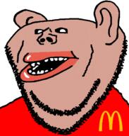 amerimutt clothes ear lips looking_at_you mcdonalds open_mouth red_shirt soyjak stubble subvariant:impish_amerimutt teeth variant:impish_soyak_ears // 598x628 // 38.7KB